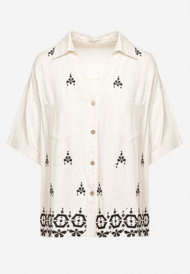 Biało-Czarna Koszula Overisze z Wiskozy i Lnu z Wzorem Etno Jaslena