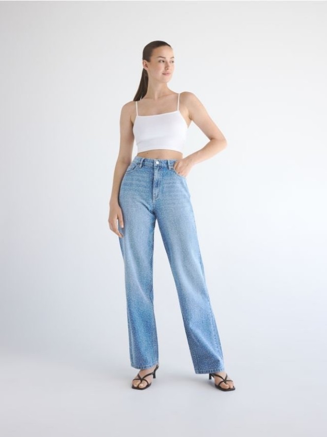 Jeansy straight z ozdobnymi aplikacjami - niebieski