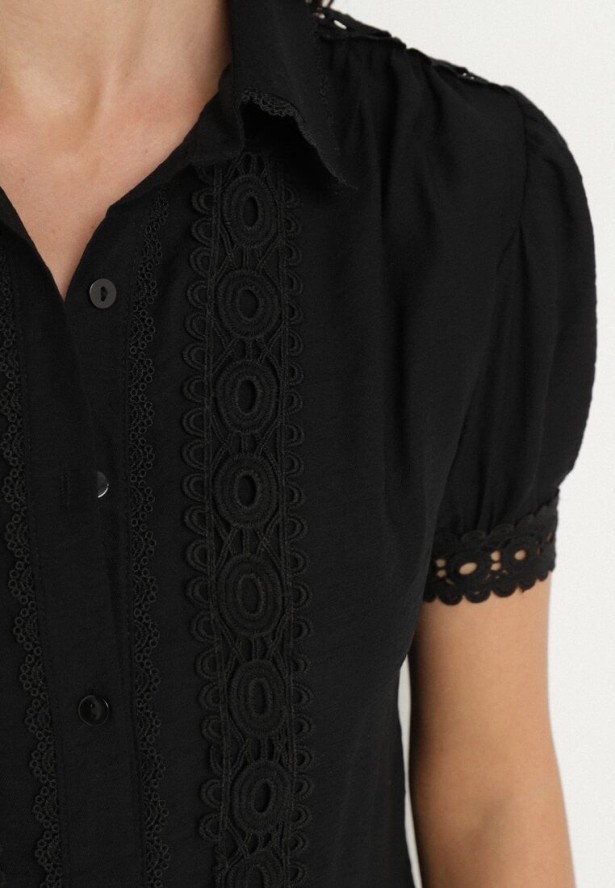 Czarna Koszula z Wiskozy Ozdobiona Koronką Tezinea