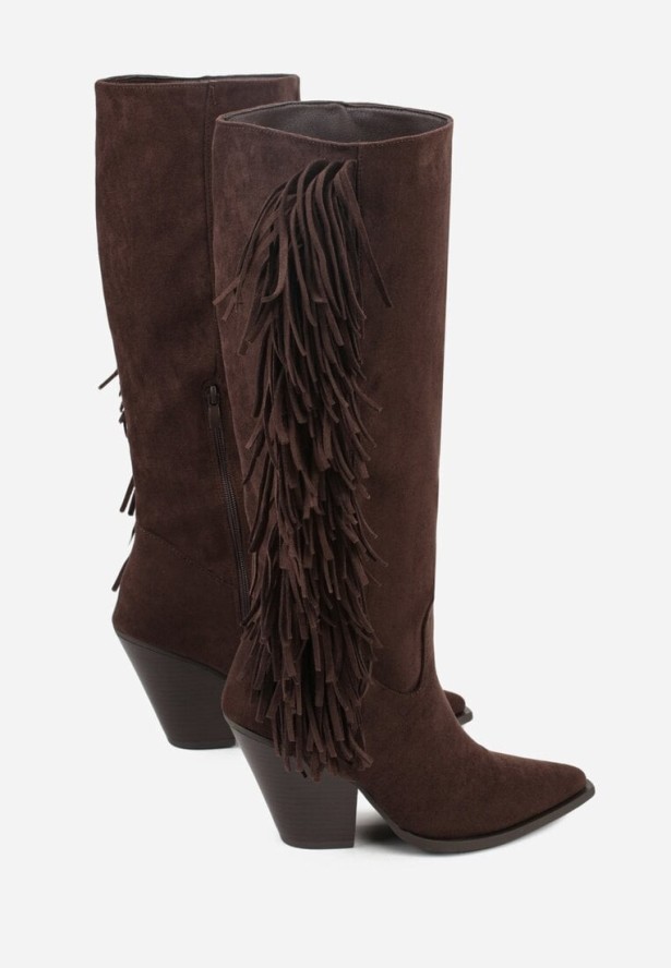 Ciemnobrązowe Kozaki Kowbojki z Imitacji Zamszu z Frędzlami i Stożkowym Obcasem Rafilea