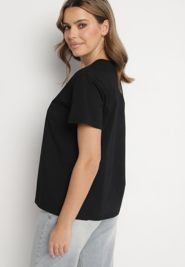 Czarna Bawełniana Bluzka z Napisem i Kokardą Tinala