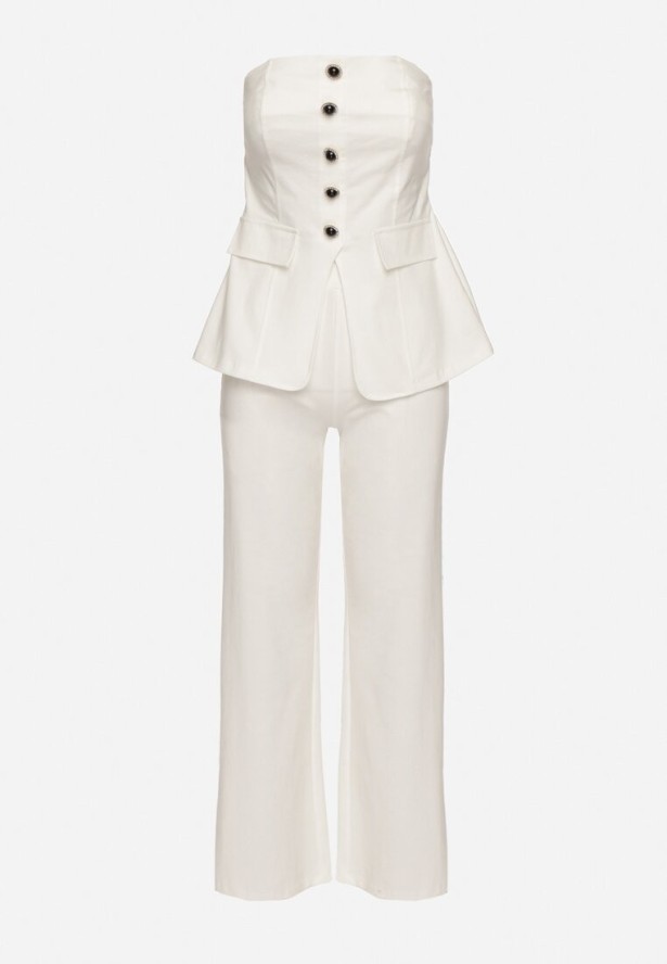 Biały Komplet Top z Baskinką i Ozdobnymi Guzikami i Szerokie Spodnie Palesia