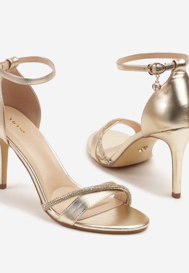 Złote Sandały na Szpilce Vices z Cyrkoniami Linoriela