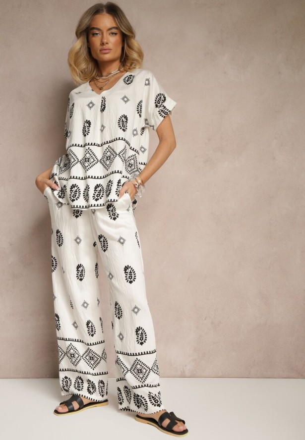 Czarno-Biały Komplet z Bawełny Spodnie o Szerokim Kroju i Koszula ze Wzorem Paisley Pavenn