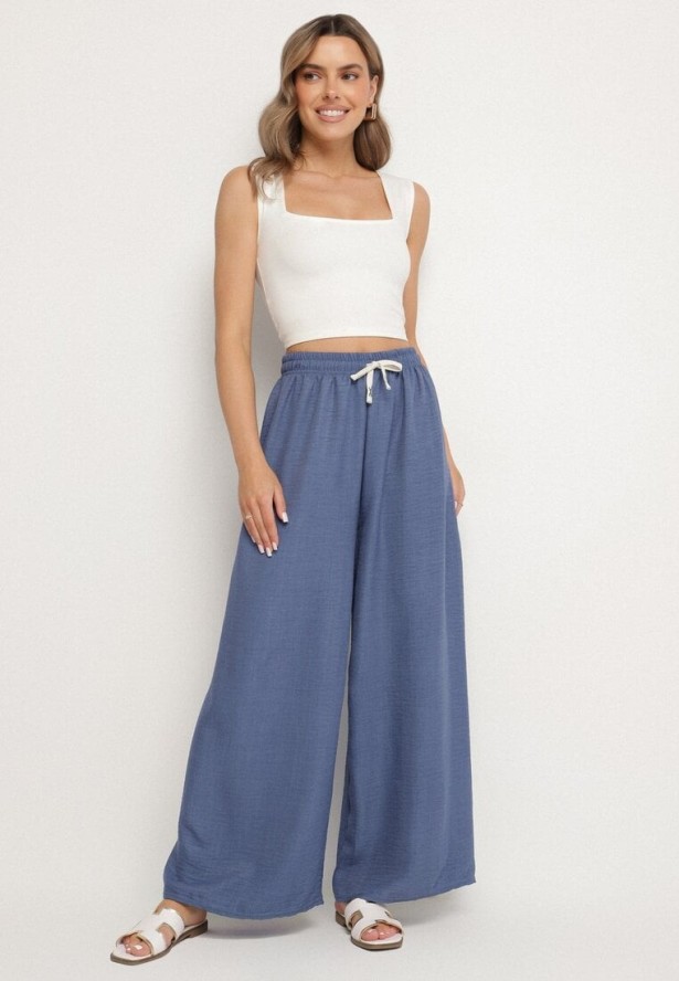 Granatowe Szerokie Spodnie z Bawełny Ozdobione Wiązaniem Evipolli