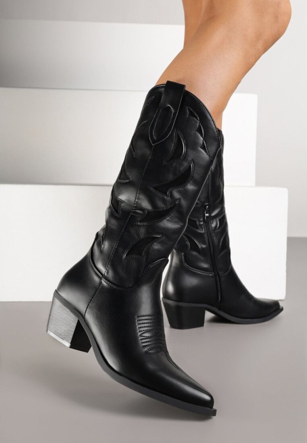 Czarne Kozaki Kowbojki na Obcasie z Tłoczoną Cholewką Latuella