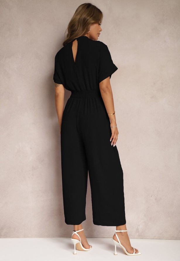 Czarny Taliowany Kombinezon z Wiskozy Zapinany na Guziki Frisea