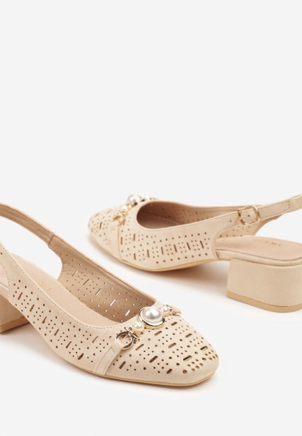 Beżowe Sandały Vices z Wkładką ze Skóry i Ażurowymi Wycięciami na Słupku Koredia