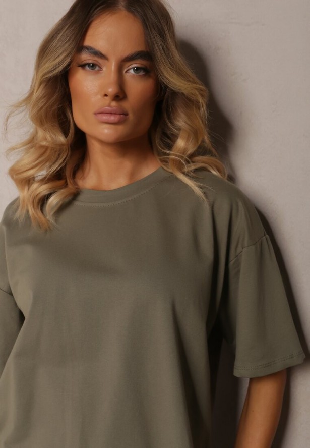 Ciemnozielony Komplet z Bawełny Proste Szerokie Spodnie z Gumką w Pasie Bluzka z Rozcięciami Vimarases