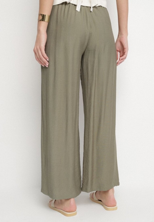 Zielone Szerokie Spodnie z Wysokim Stanem Ozdobione Sznurkiem Fenaris