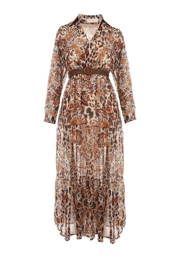 Brązowo-Beżowa Sukienka Z Paskiem Phaenala