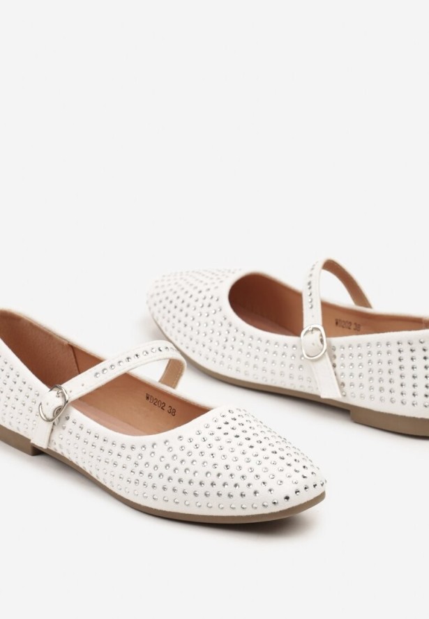 Białe Balerinki Ozdobione Cyrkoniami z Paskiem i Sprzączką Zaliren