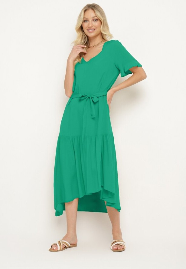 Ciemnozielona Sukienka Pudełkowa z Materiałowym Paskiem i Falbanką Dimovas