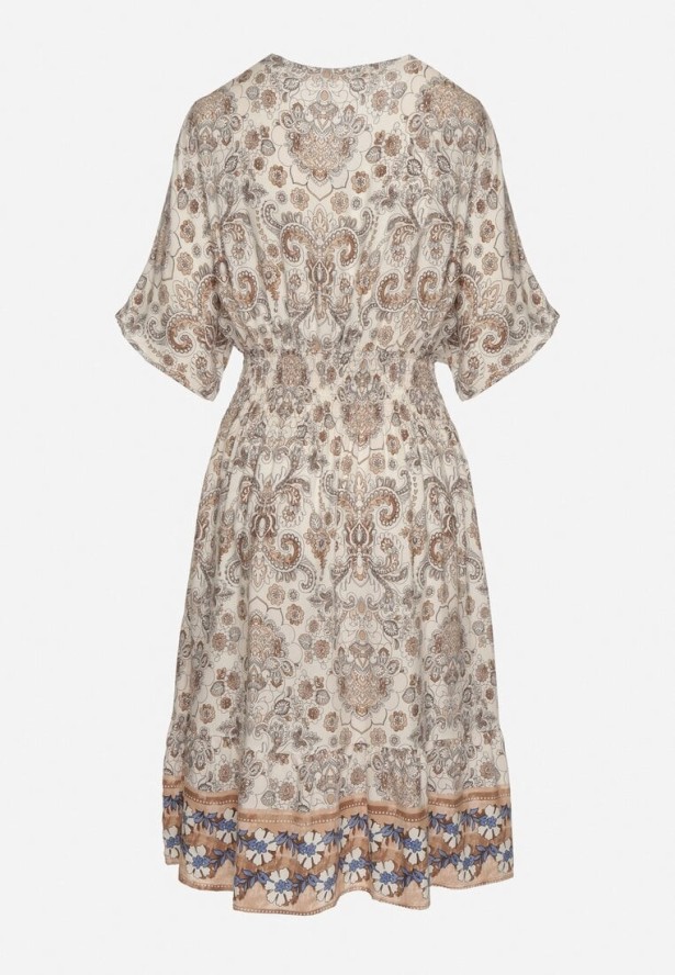 Ciemnobeżowa Sukienka z Wiskozy w Ornamentalny Wzór z Szeroką Gumką w Pasie Tanissla