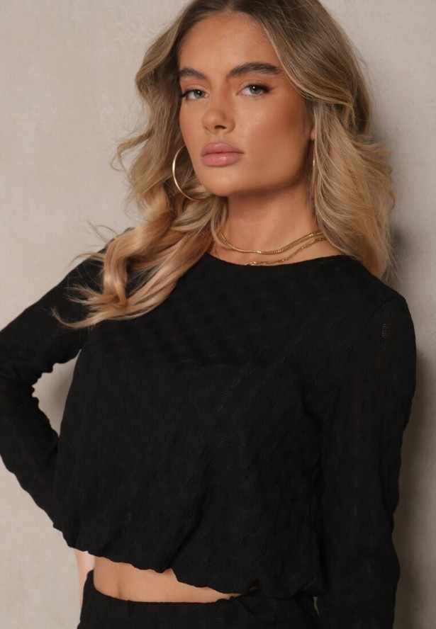 Czarny Komplet z Tłoczeniami Szerokie Spodnie i Bluzka o Kroju Bombki Frolloti