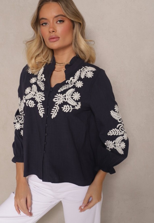 Granatowa Koszula z Wiskozą Bawełną i Haftowanym Wzorem Analessa