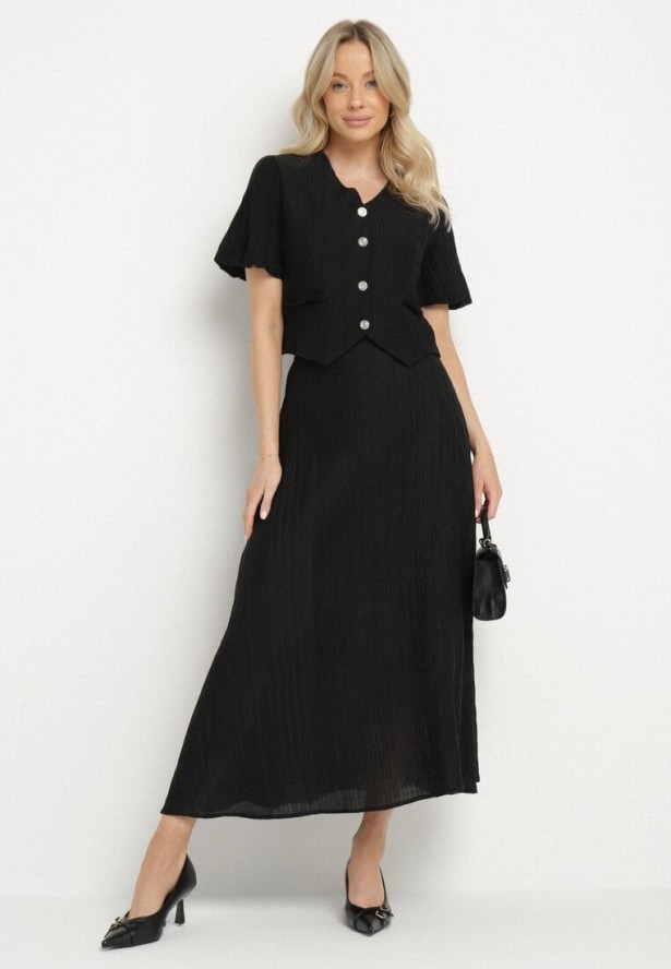 Czarny Wiskozowy Komplet z Rozkloszowaną Spódnicą i Koszulą Naniera