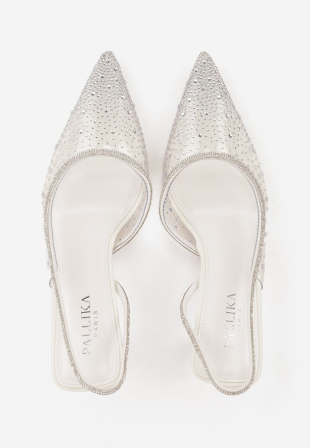 Białe Szpilki Slingback z Transparentną Cholewką i Cyrkoniami Liaceran