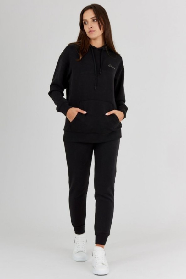 GUESS Czarna bluza damska ze srebrnym logo i kapturem, Rozmiar XS