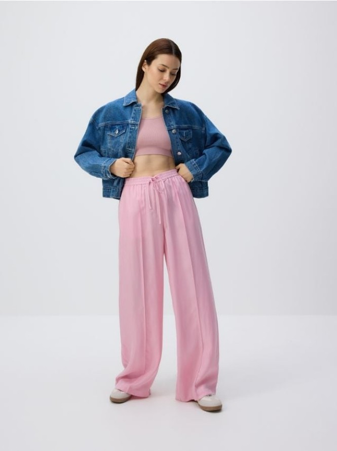 Spodnie z tkaniną cupro - pastelowy róż