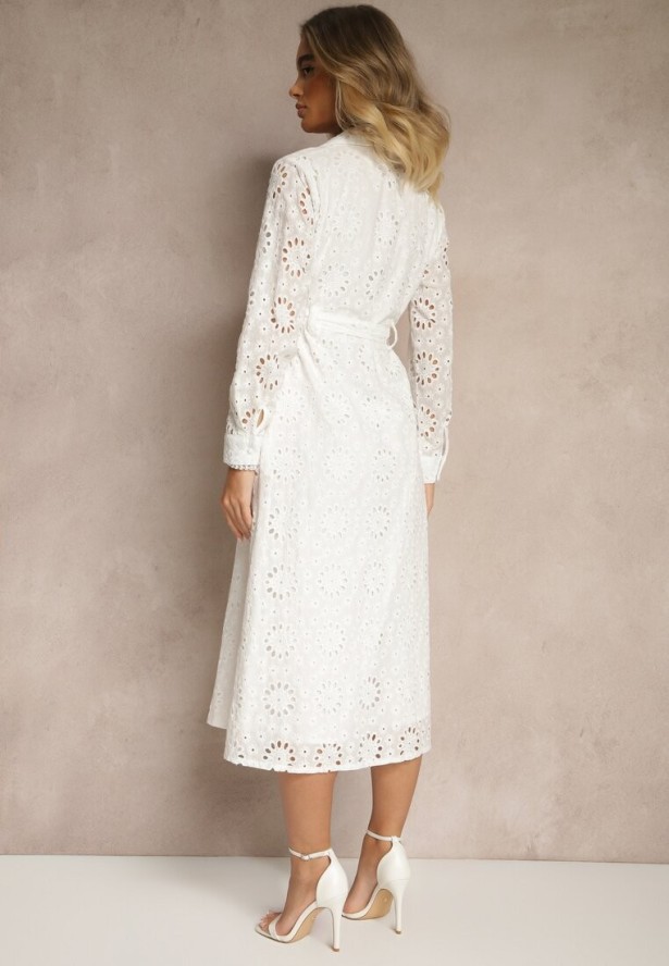 Biała Ażurowa Sukienka Koszulowa Ozdobiona Paskiem Tananilia