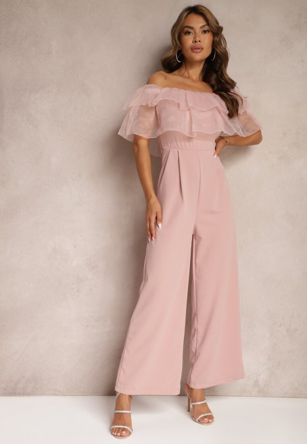 Ciemnoróżowy Koktajlowy Kombinezon z Falbanką przy Dekolcie bez Rękawów Tessita