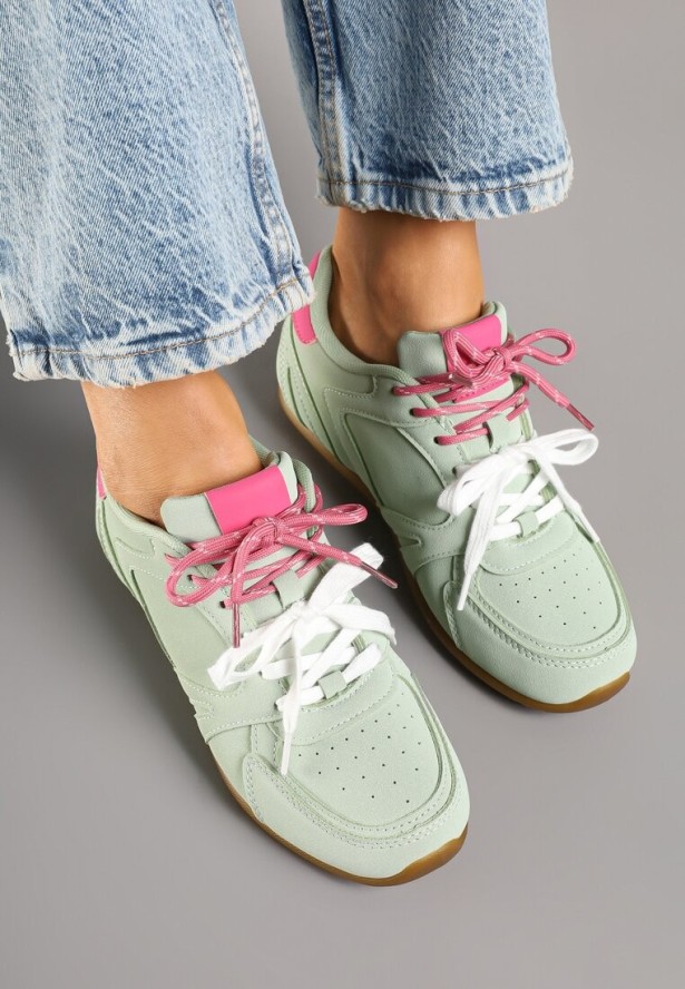 Jasnozielone Sneakersy Ozdobione Przeszyciami i Podwójnym Sznurowaniem Telisaria