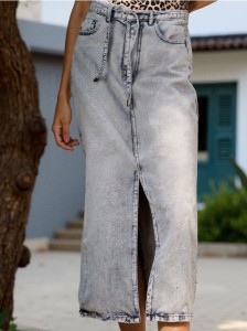 Jeansowa spódnica midi z paskiem - szary