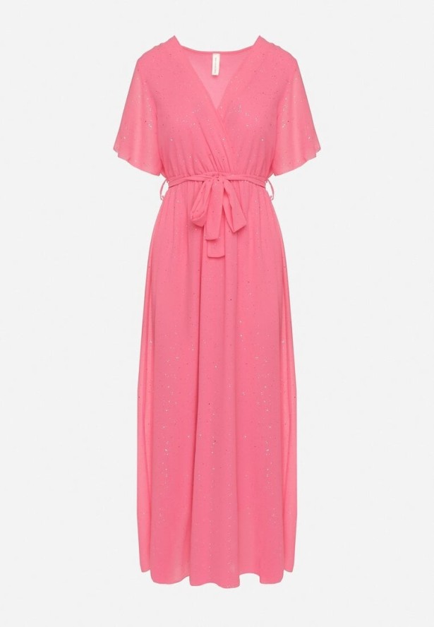 Fuksjowa Brokatowa Sukienka Koktajlowa Ozdobiona Paskiem Ziliane