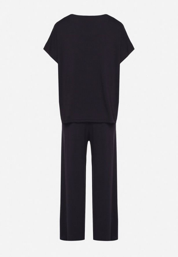 Granatowy Wiskozowy Komplet Szerokie Spodnie i T-shirt Inelora