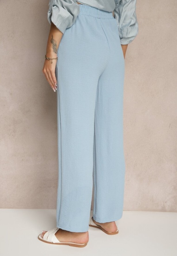 Niebieskie Spodnie z Szeroką Nogawką Wiązane w Talii Salemira