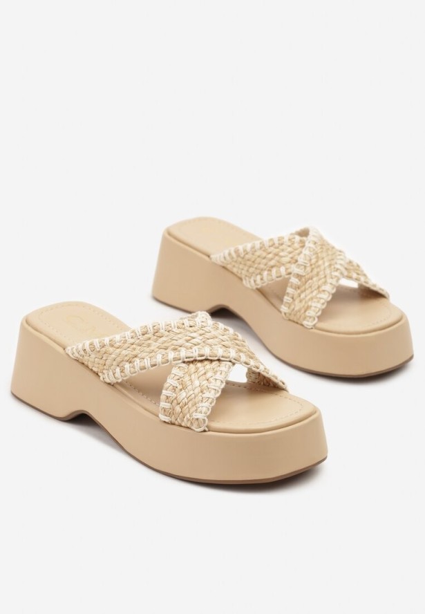 Beżowe Klapki ze Skrzyżowanymi Paskami z Plecionki Naldell