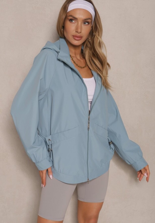 Niebieska Pudełkowa Kurtka o Kroju Parki ze Ściągaczem i Kapturem Sesailis