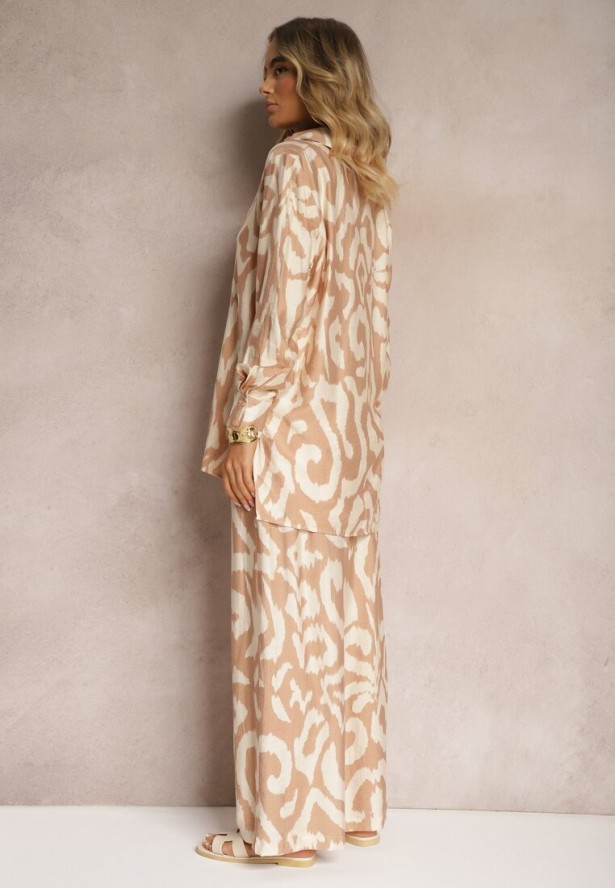 Beżowy Wiskozowy Komplet 2-Częściowy Luźna Koszula Spodnie z Gumką i Szerokimi Nogawkami Melvima