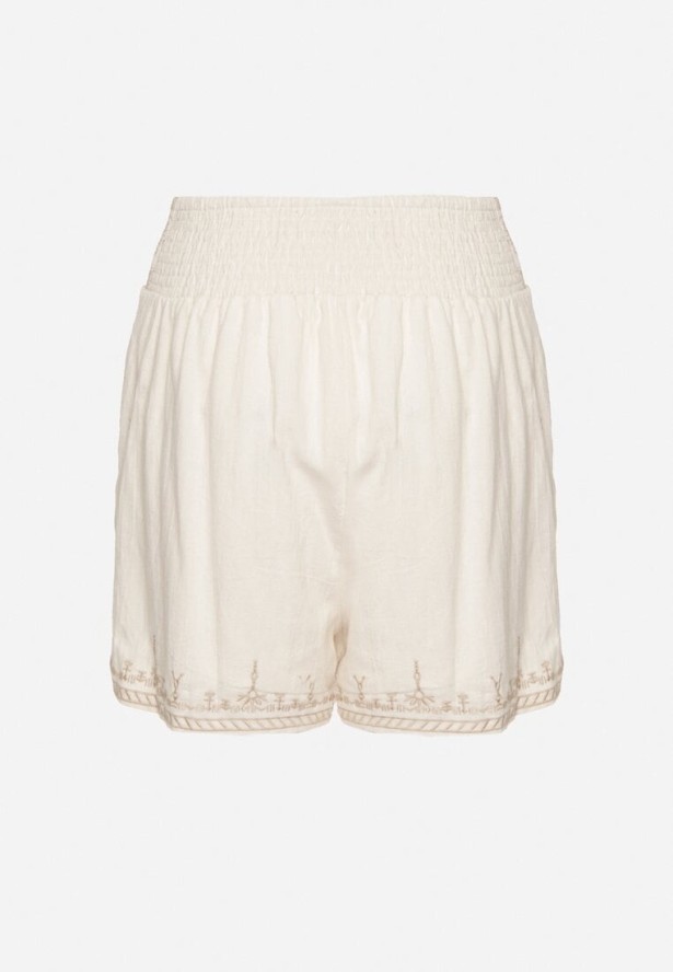Jasnobeżowe Bawełniane Szorty z Wysokim Stanem Zdobione Haftem Korioria