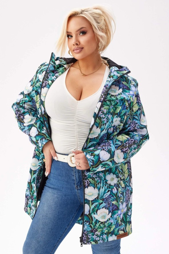 Lekka kurtka przejściowa SOFTSHELL z kapturem w kwiaty w odcieniach błękitu i zieleni OVERSIZE PLUS SIZE XXL JESIEŃ