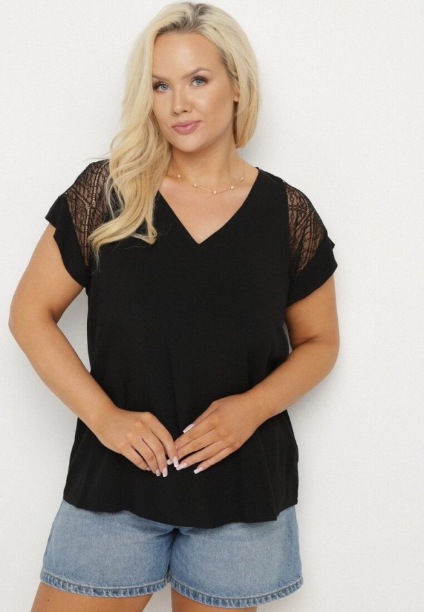 Czarna Bluzka z Wiskozy z Przezroczystymi Wstawkami Zelauri