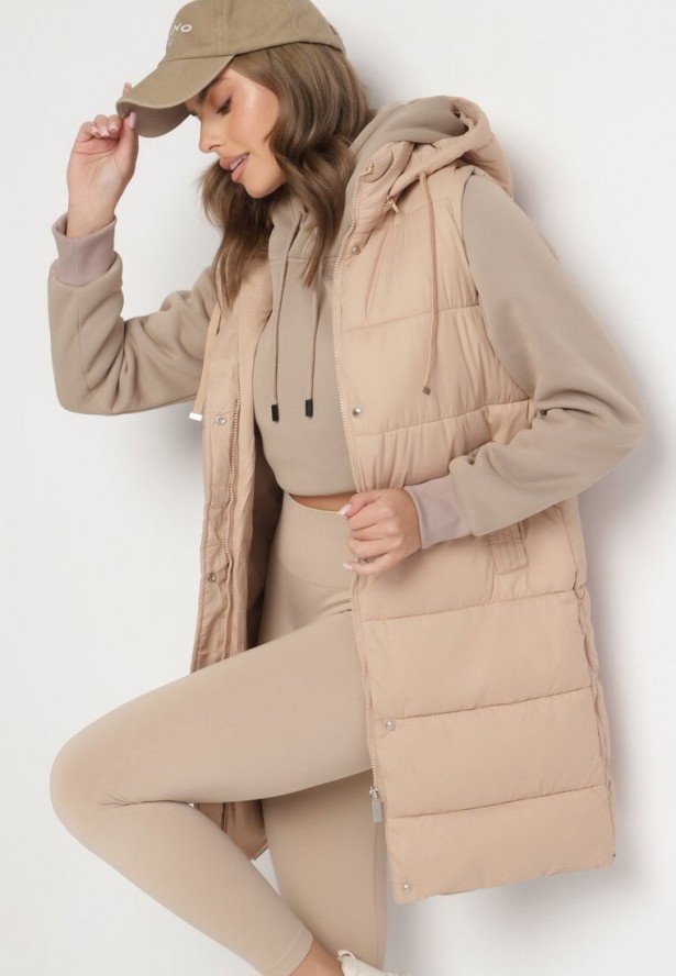 Ciemnobeżowa Pikowana Kamizelka z Kapturem i Sznurkami Zelothis