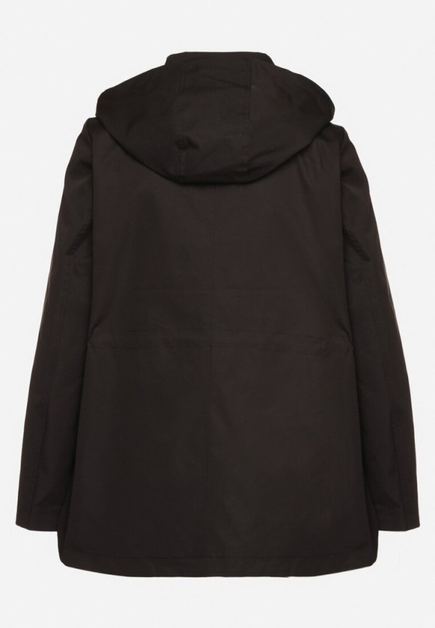 Czarna Kurtka Parka ze Ściągaczem w Talii i Odpinanym Kapturem Elanoreta