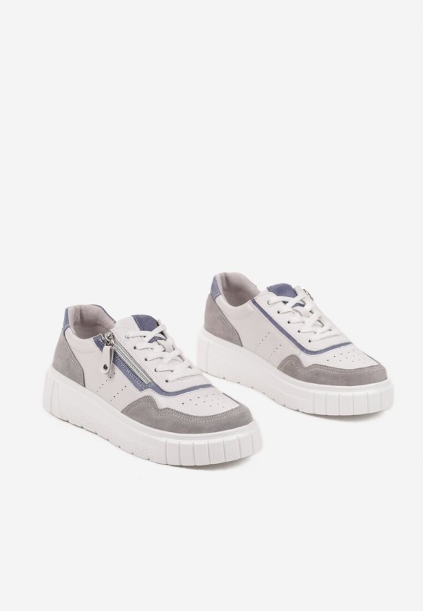 Biało-Szare Skórzane Sneakersy w Streetwearowym Stylu Zdobione Suwakiem Elearessa