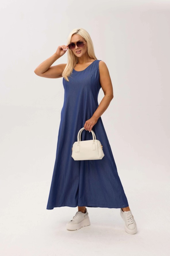 Sukienka denimowa Tessa MAXI – lekko taliowana, z kieszeniami OVERSIZE PLUS SIZE XXL WIOSNA LATO