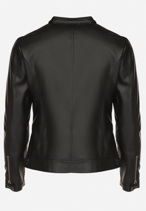 Czarna Kurtka Ramoneska Bez Kołnierzyka z Suwakami na Rękawach Rilinne