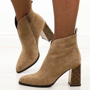 Khaki zamszowe skórzane botki damskie na słupku Giano Fabiani 9210