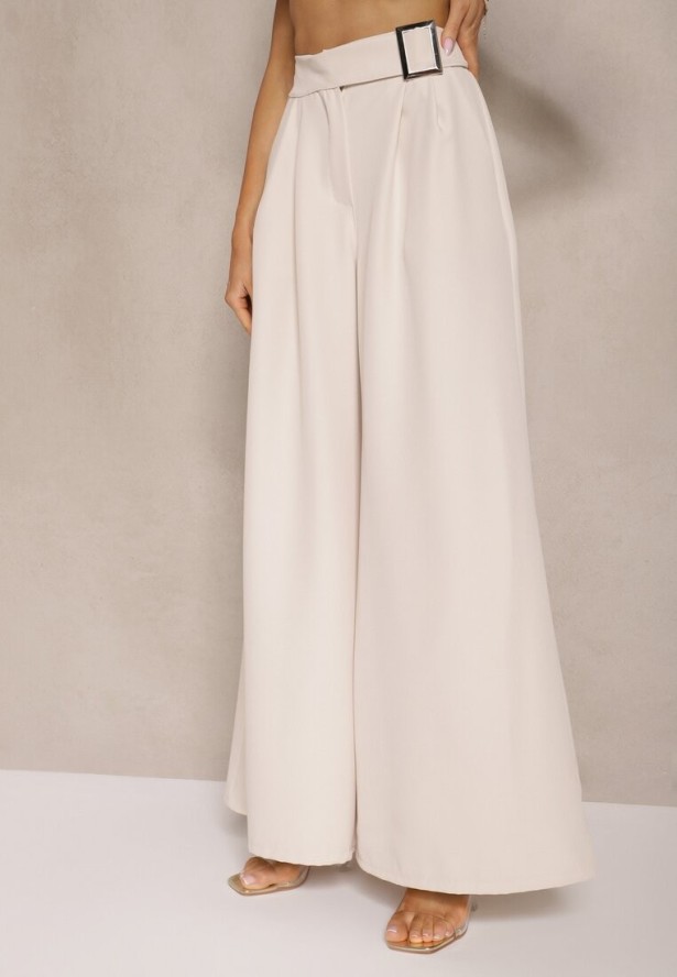 Jasnobeżowy Komplet Garniturowy z Kamizelką i Spodniami o Szerokim Kroju Ravirana