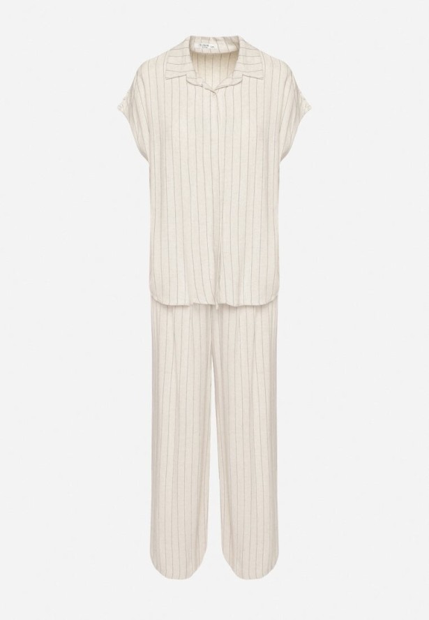 Beżowy Wiskozowy Komplet w Paski Koszula z Krótkim Rękawem i Spodnie Dalirel