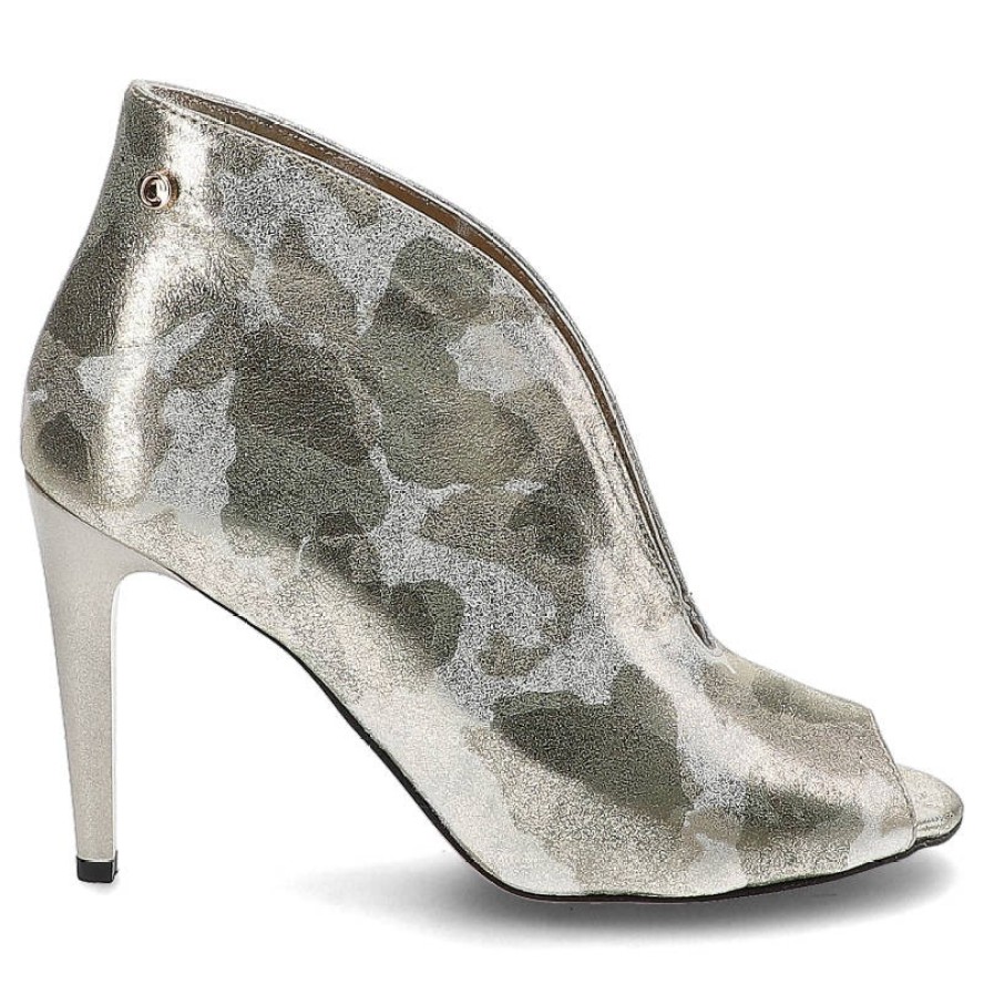 Złote Botki Carinii Eleganckie Skórzane Buty Na Obcasie