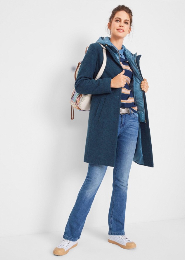 Krótki płaszcz zimowy z materiału w optyce wełny, z efektem 2 w 1