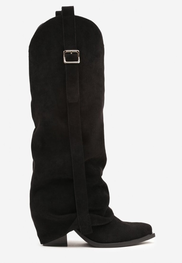 Czarne Kozaki Kowbojki na Stożkowym Obcasie z Wywiniętą Cholewką i Klamrą Naletea