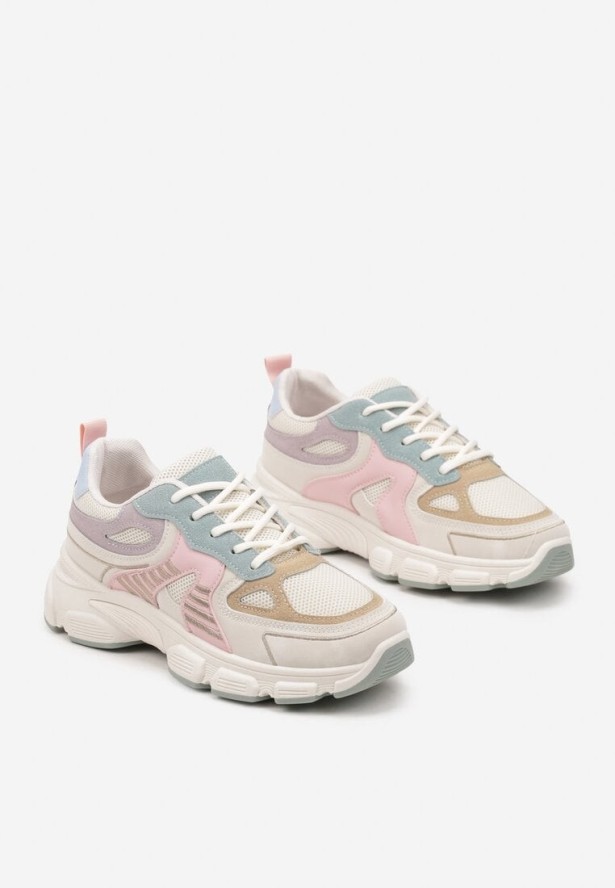 Beżowo-Różowe Sneakersy na Grubej Podeszwie z Tłoczeniami Fellira