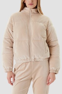 GUESS Beżowa zamszowa damska kurtka Couture Puffer, Rozmiar L